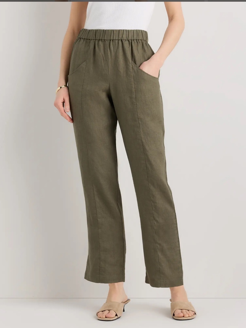 Quince 100% European Linen Pants Olive Green Elastic Waist Ankle